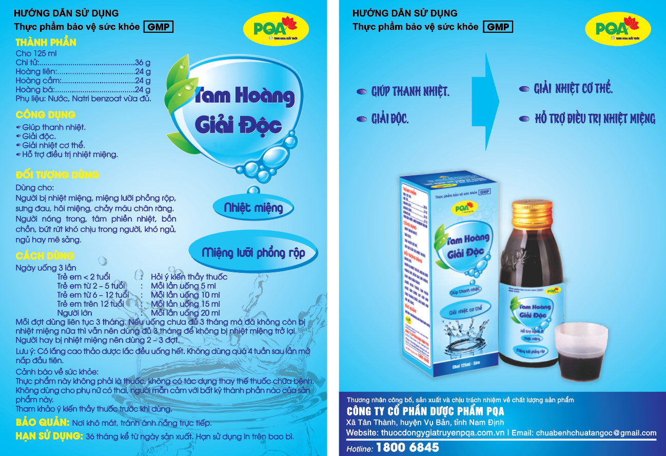 Siro Tam Hoàng Giải Độc PQA chai 125ml là dược phẩm thảo dược giúp thanh nhiệt, giải độc, hỗ trợ điều trị nhiệt miệng, nóng trong.