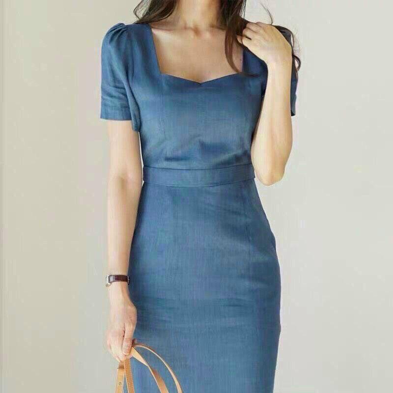 Đầm Jean Đuôi Cá, Cổ Vuông, Có Túi, Chất Jean Mềm Dày Dặn, Đẹp