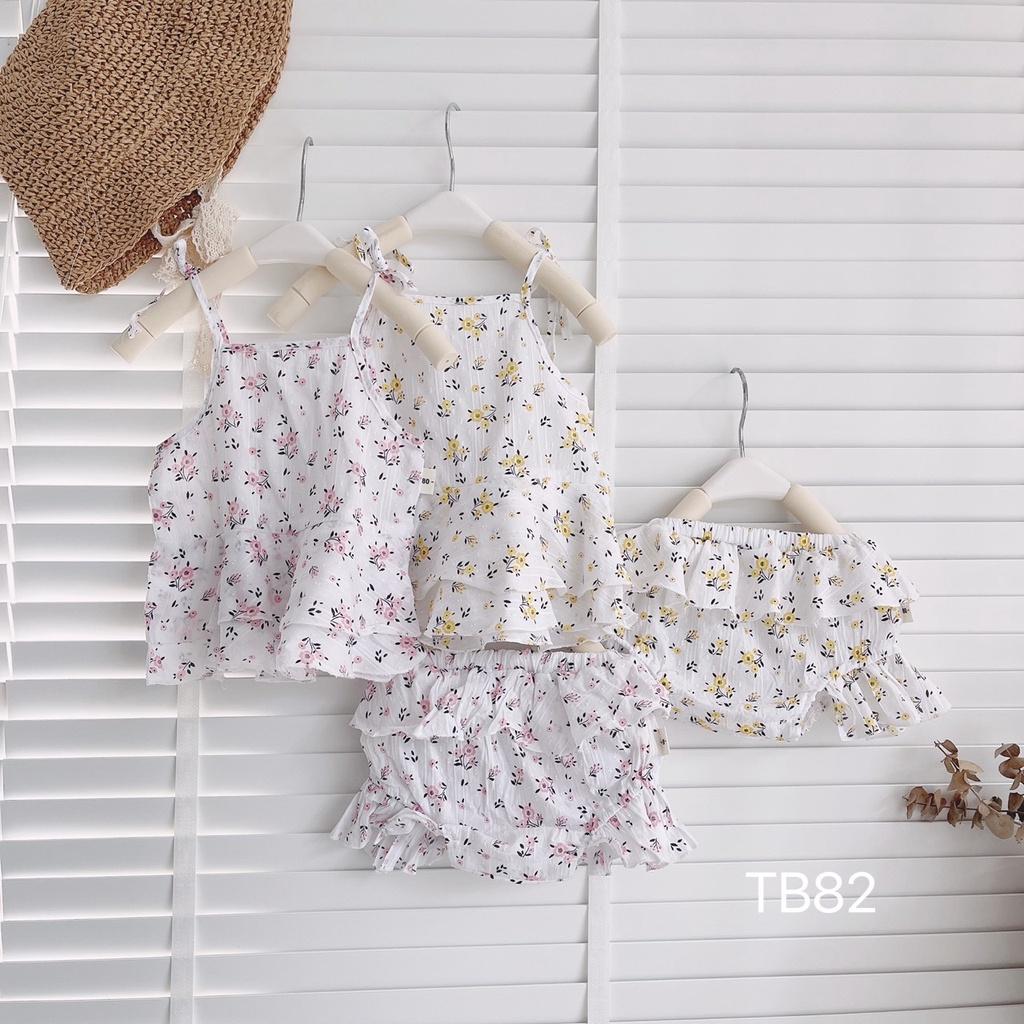 Set áo 2 dây quần đùi chip họa tiết hoa nhí cho bé gái siêu xinh, vải thô mềm, thoáng mát size 6 - 15 kg