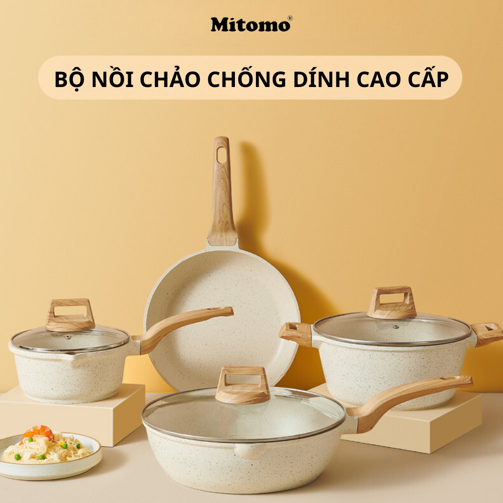 Set nồi chảo 4 món tráng đá chống dính Mitomo Granite có nắp đậy nấu ăn tiện dụng phù hợp với mọi loại bếp