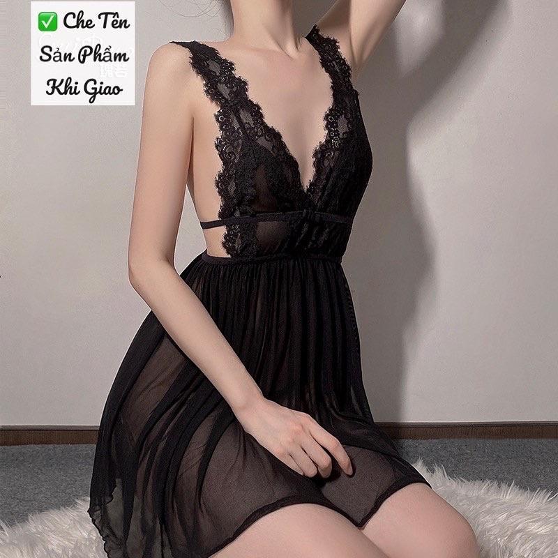 Mã QR725 Váy Ngủ Voan Phối Ren Thiết Kế Cổ V - Đầm Nữ Xẻ Tà Sau Gợi Cảm