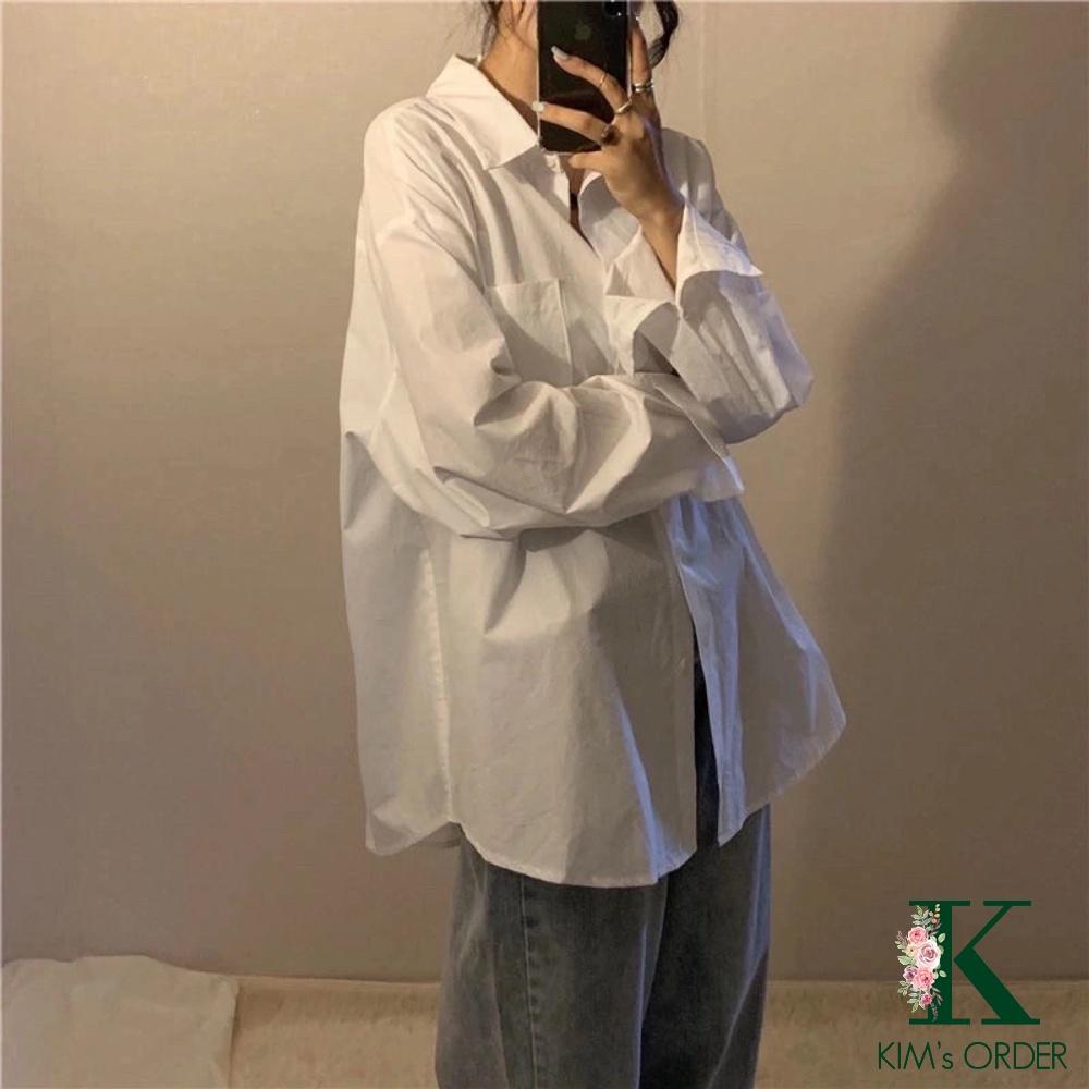 Áo sơ mi nữ màu trắng cổ sơ mi dài tay phom rộng chất mềm mịn loại 1 basic style Hàn Quốc đi học đi làm đủ size