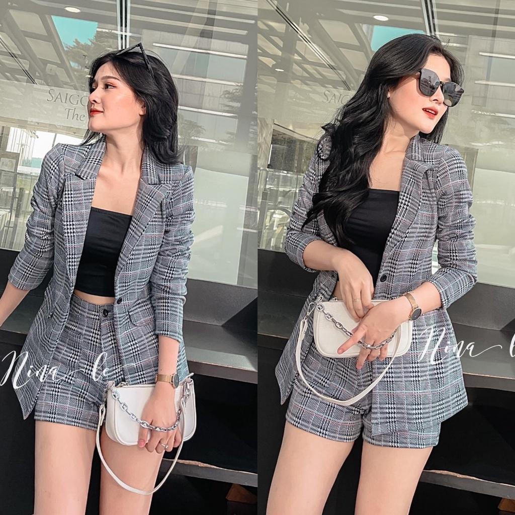 Sét bộ nữ áo vest tay dài áo 2 dây xịn xò kèm quần đùi sọc caro phong cách trẻ