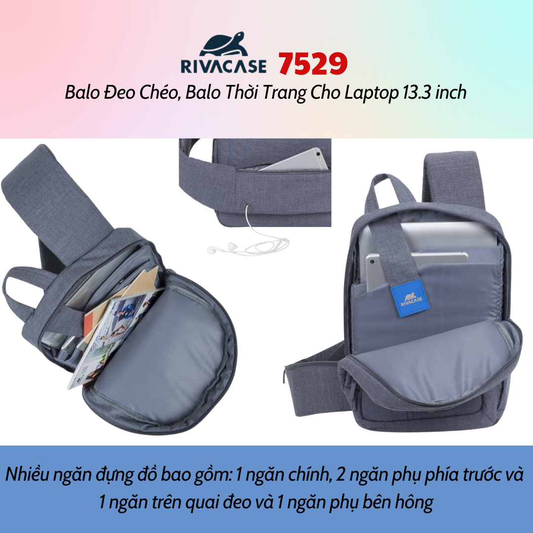 Balo Rivacase 7529  Đeo Chéo, Balo Thời Trang Cho Laptop 13.3 inch - Bảo Hành 24 Tháng - Hàng Chính Hãng