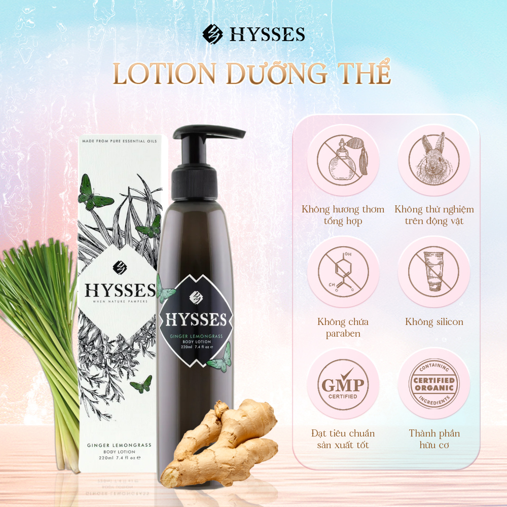 Sữa Dưỡng Thể Cao Cấp Hysses Body Lotion Giúp Làm Mới và Săn Chắc Da, Chống Lão Hóa, Tăng Cường Lưu Thông Máu Với Tinh Dầu Gừng và Sả Chanh Hữu Cơ Tự Nhiên