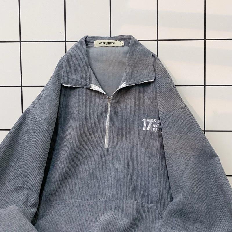 Áo Sweater 17MM Phối Zip Vải Nhung Gân Form Rộng Ulzzang Unisex Nam nữ unisex Áo Sweater có cổ Jaystoree