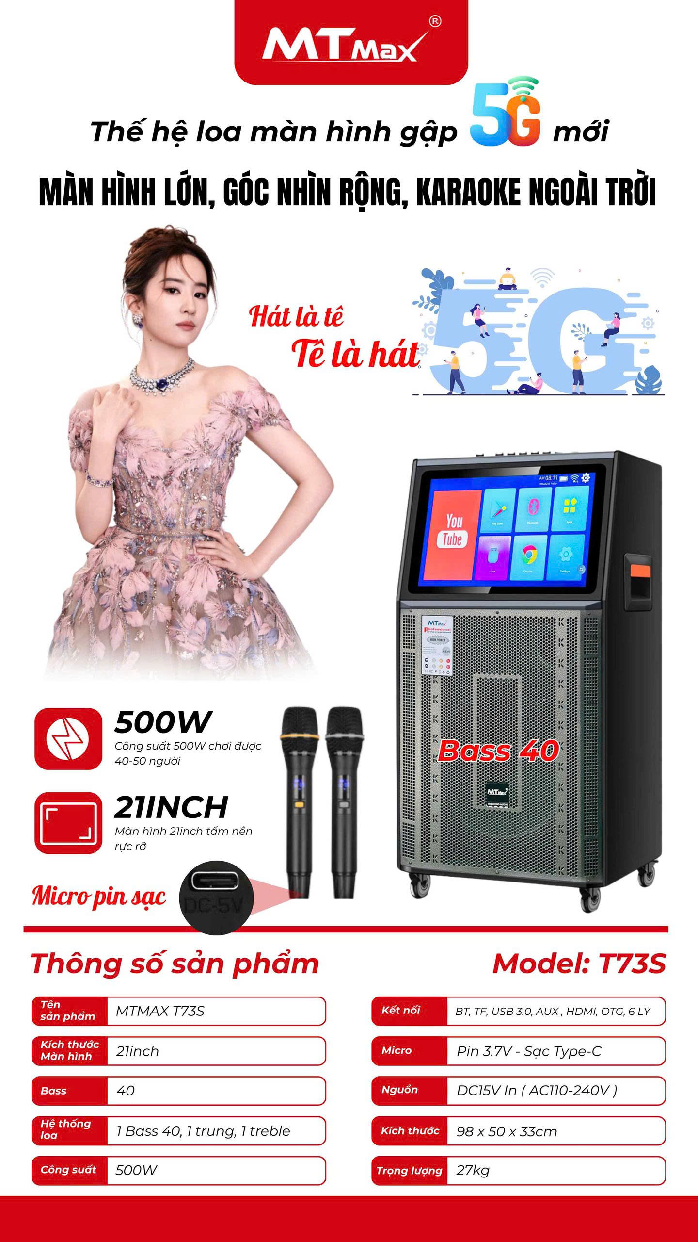 Loa Màn Hình MTMAX T73S Bass40 Màn Hình 21inch Công suất 500W Đi Kèm Cặp Micro Sang Trọng Chống Hú Cao Cấp hàng chính hãng