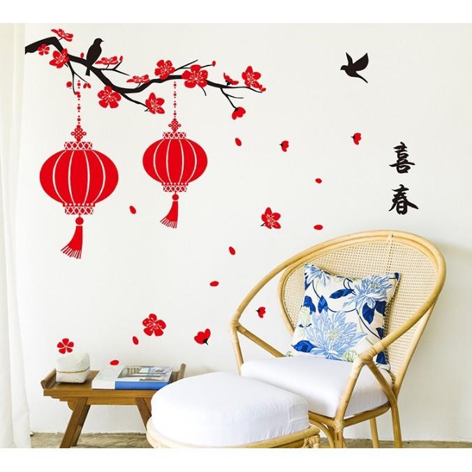 Decal trang trí tết - Cành Mai 2 lồng đèn đỏ size lớn