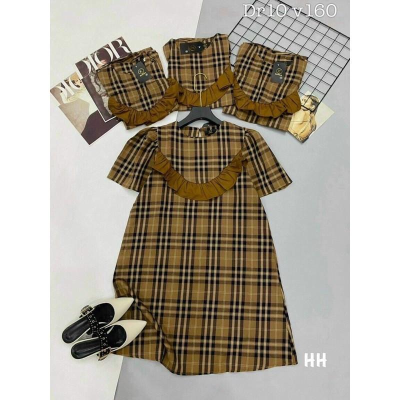 Đầm suông sọc caro phối bèo nâu đơn giản dễ thương