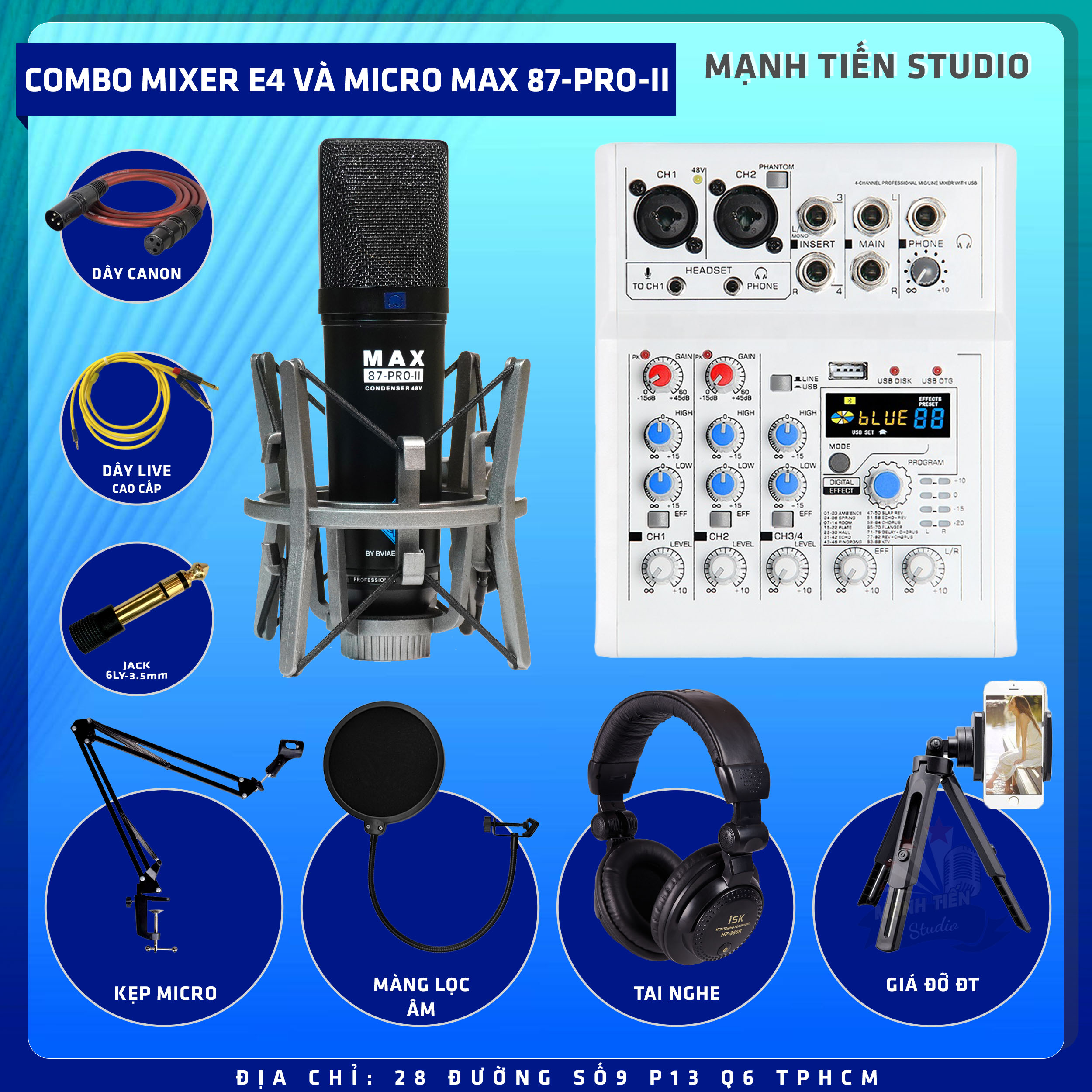 Combo thu âm, livestream Micro Max 87-Pro-II 2022, Mixer E4 - Kèm full phụ kiện kẹp micro, màng lọc, tai nghe, dây canon, dây livestream, giá đỡ ĐT - Hỗ trợ thu âm, karaoke online chuyên nghiệp - Hàng nhập khẩu