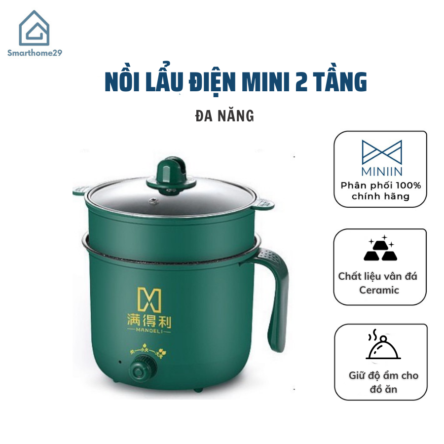 Nồi Lẩu Điện Đa Năng Mini Ca Nấu Mì, Cơm Đa Năng 2 Tầng Cao Cấp Núm Xoay 2 Nấc Nhiệt Kèm Giá Hấp 1,8L Chính Hãng MINIIN