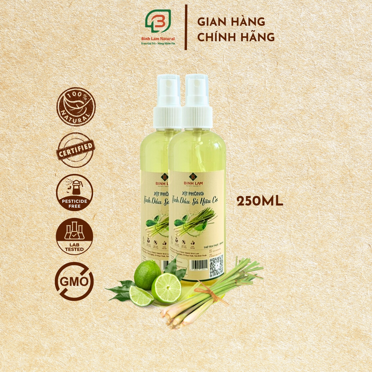 Combo 02 Xịt phòng tinh dầu đuổi muỗi, côn trùng, khử mùi, diệt khuẩn hữu cơ sả chanh Bình Lam Natural 250ml