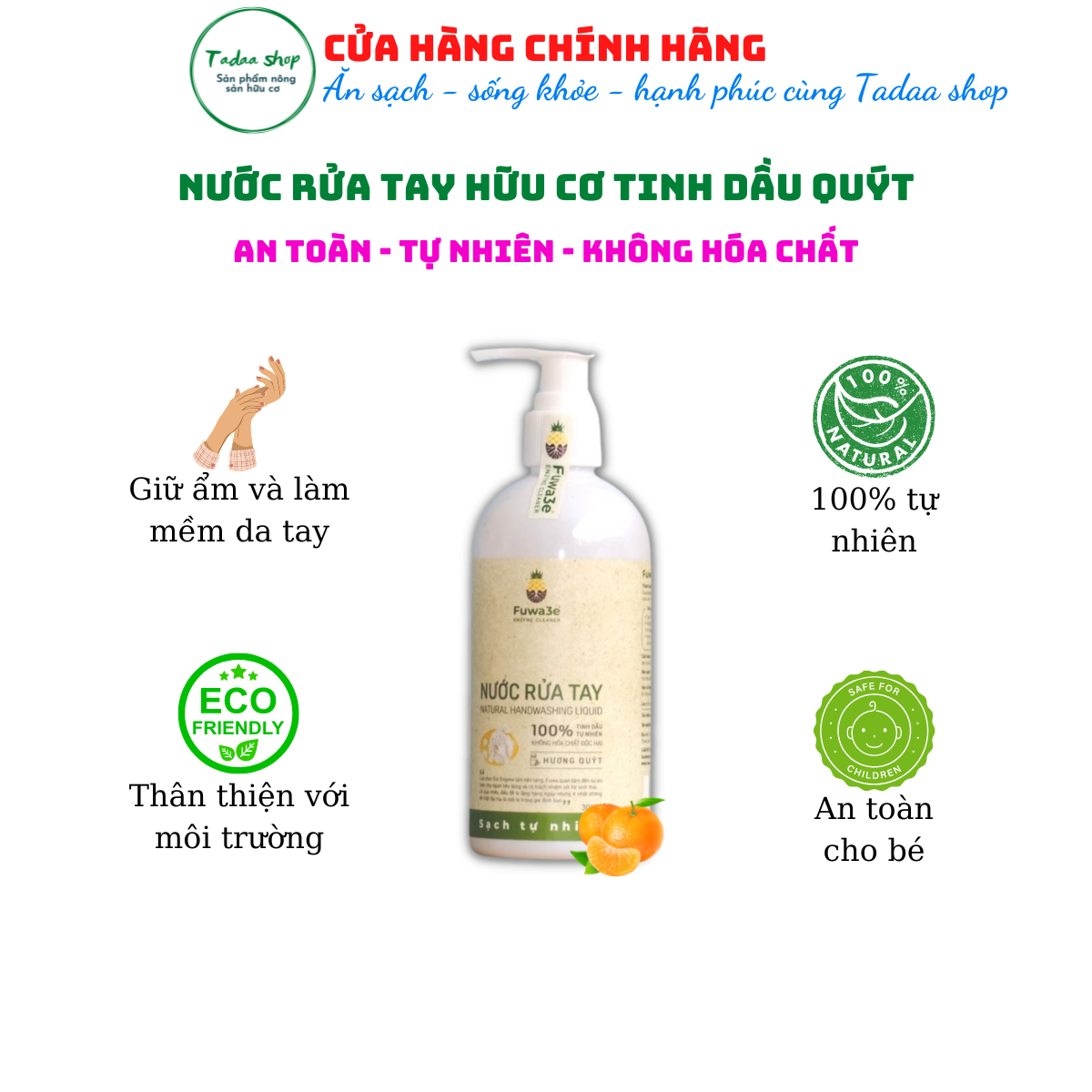 Nước rửa tay sinh học Fuwa3e hương tinh dầu quýt làm mềm và chống lão hóa da taychai 300ml