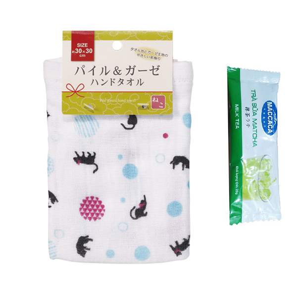 Khăn Mặt Cotton Cho Bé  Mẫu Mèo Nội Địa Nhật Bản + Tặng Gói Trà Sữa Matcha / Cafe Macca 20g