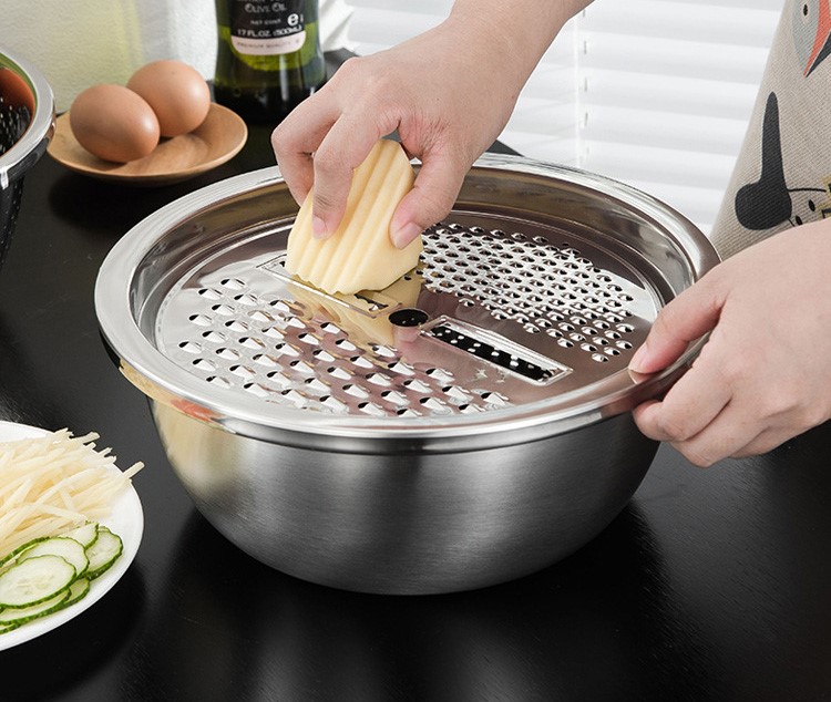 Bộ Nạo Rau Củ 3 Món - Rổ Nạo Rau Củ Kiêm Rổ Chậu Inox Cao Cấp Đa Năng Tiện Lợi - Thiết Kế Hiện Đại
