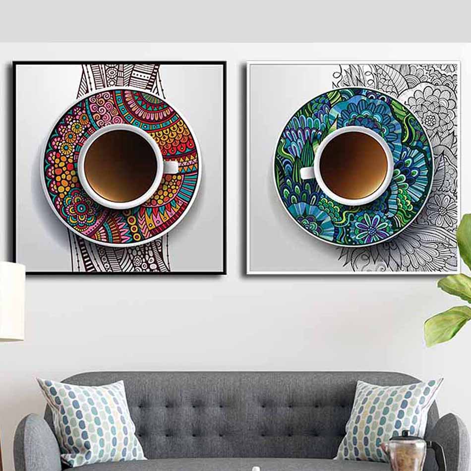 Bộ 2 tranh canvas decor cốc hoa văn - DC006