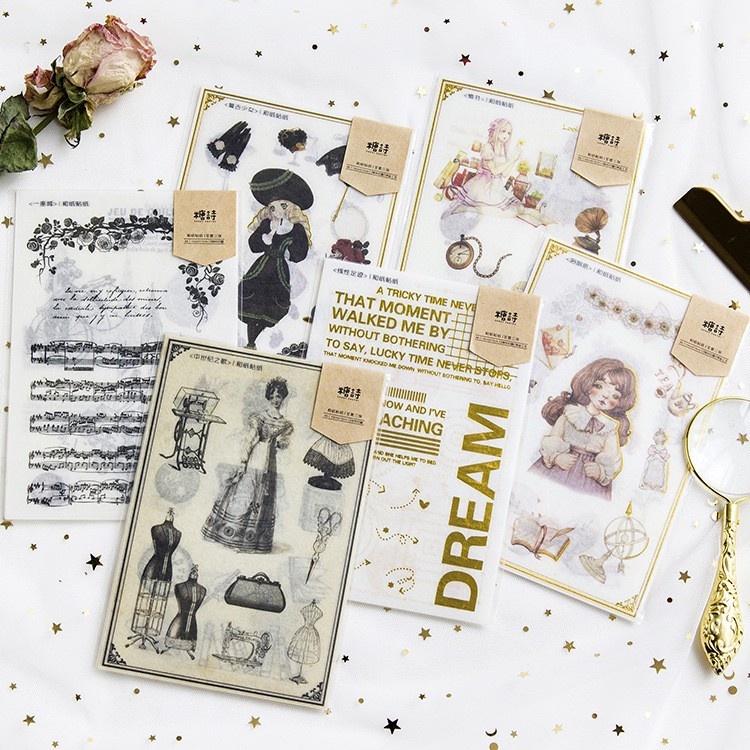 Set 3 tấm Sticker dán trang trí sổ tay DIY hình cô gái trung cổ