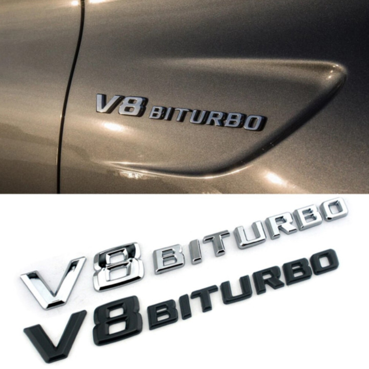 Decal tem chữ V8-Biturbo dán hông xe ô tô - Chất liệu: nhựa ABS cao cấp được mạ Crom - Kích thước: 19x2.3cm - 2 màu: Đen và Bạc
