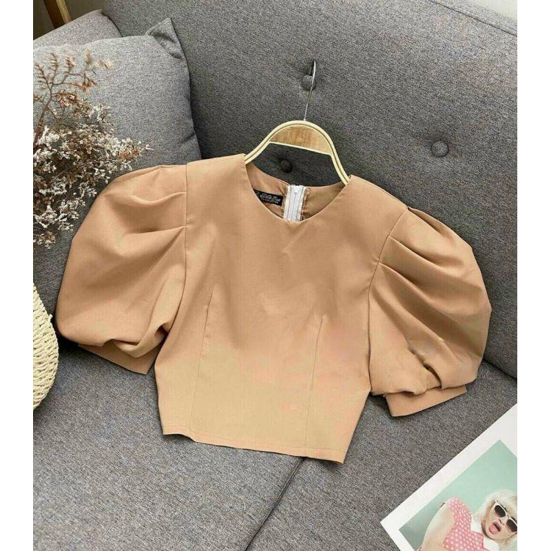 Áo Croptop Tay Phồng YURITA Khoá Sau Cổ Tròn Style Hàn Quốc Tiểu Thư Dễ Thương Tay Ngắn Nhiều Màu Chất Dày Dặn