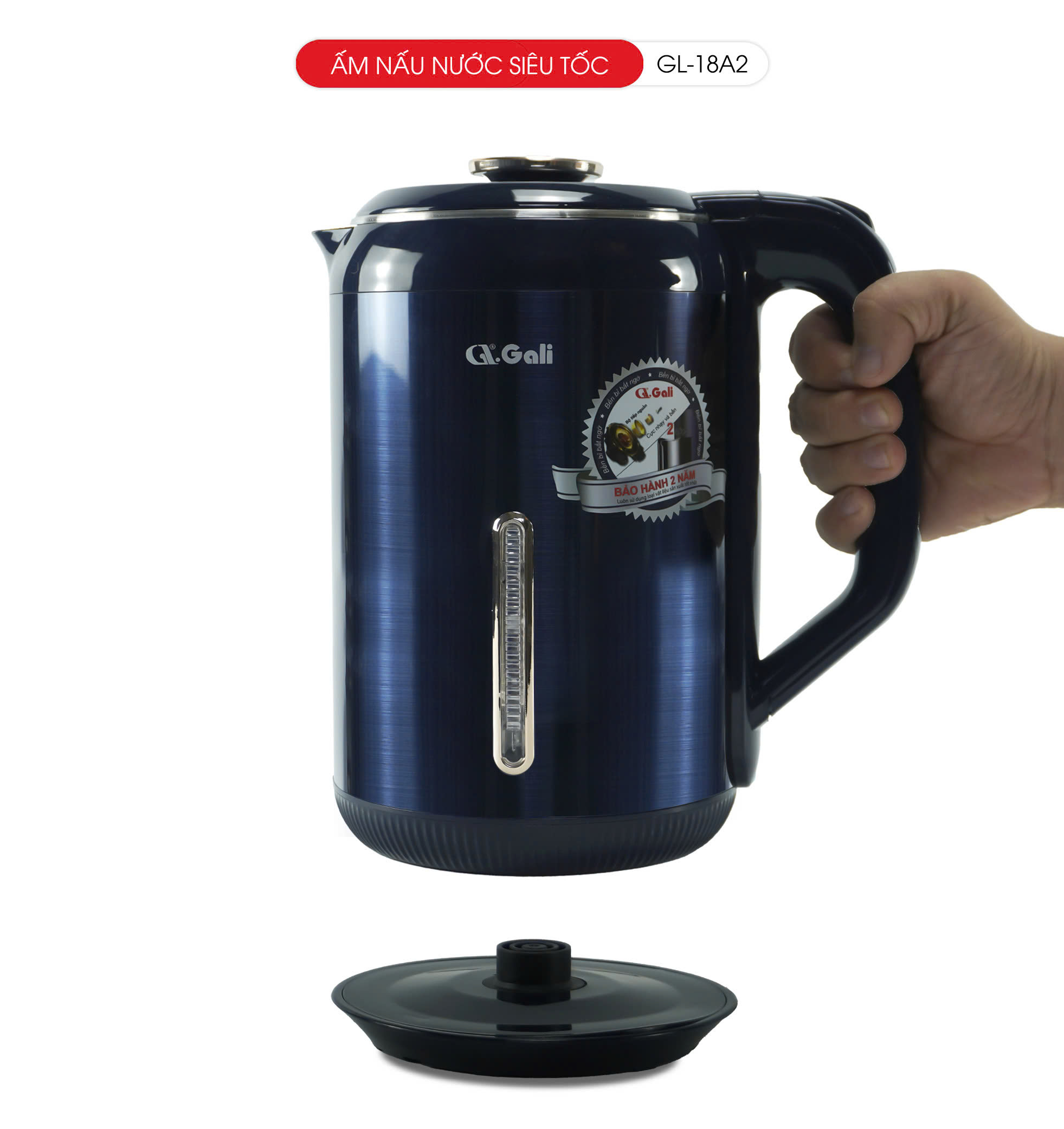 Ấm siêu tôc Gali GL-18A2 1.8 Lít. Inox 304 đúc nguyên khối. Có thang báo mực nước dày 2 lớp cách nhiệt chống nóng. Hàng chính hãng bảo hành 24 tháng
