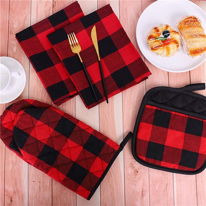 7 Pcs Check Dish Towel Pot Holder Oven Glove Set Non-Slip Heat-Resistant Oven Gloves and Pot Holder for Cooking,Bake,Etc