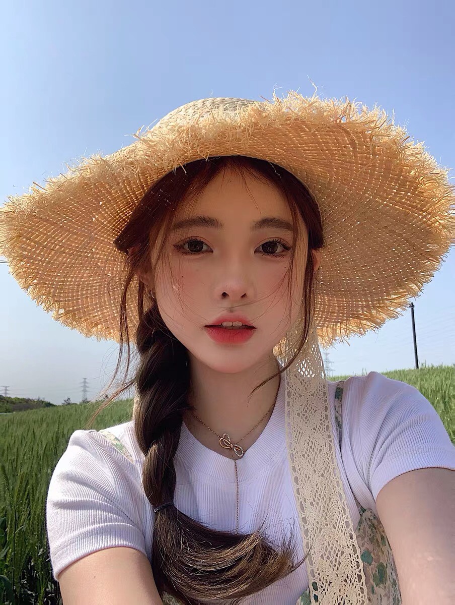 Nón cói rơm dây nơ ren vành xước vintage