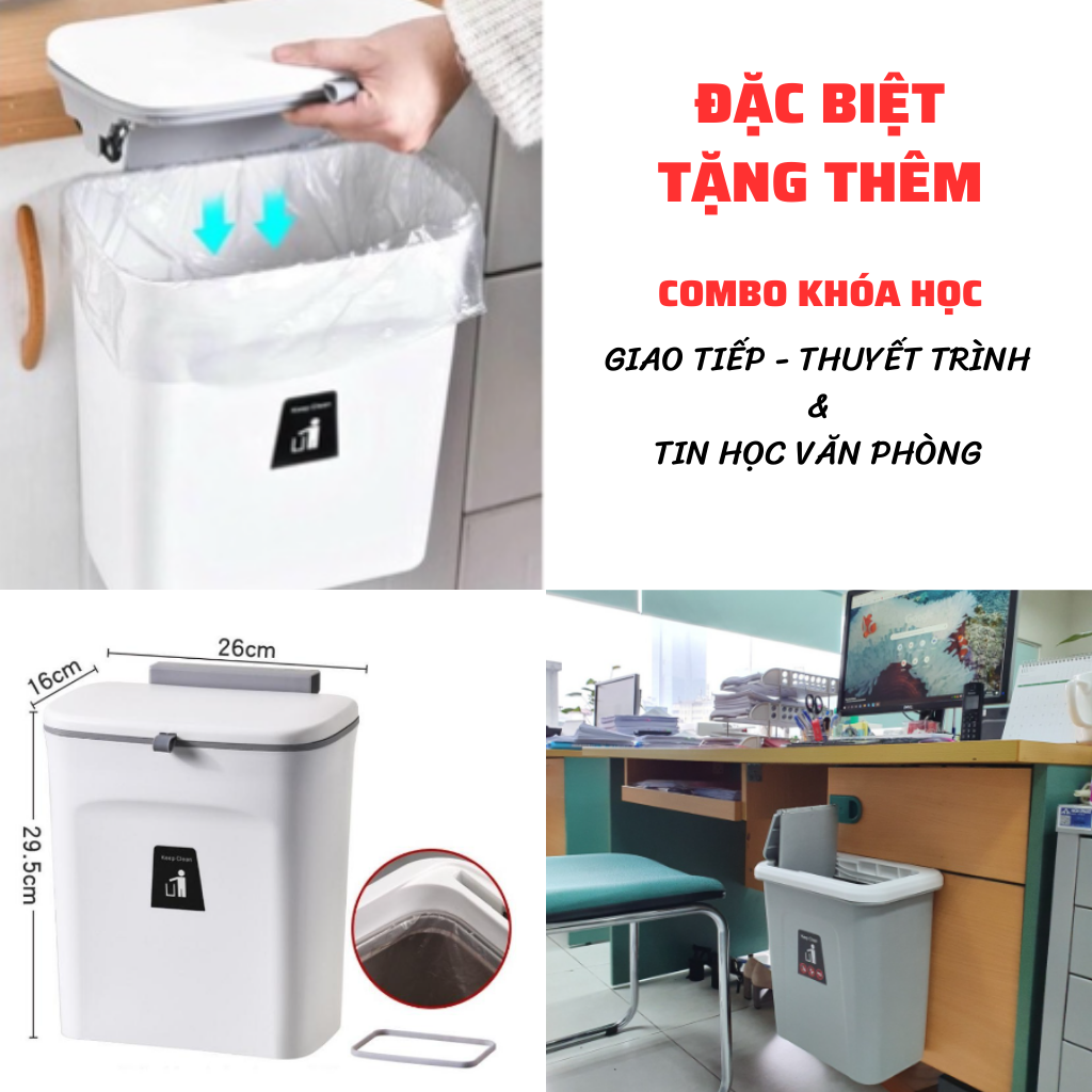 Thùng Rác Treo Tủ Bếp, Dán Nhà Tắm 9L Có Nắp Đậy Thông Minh Đậy Kín Bằng Nhựa PP Cao Cấp