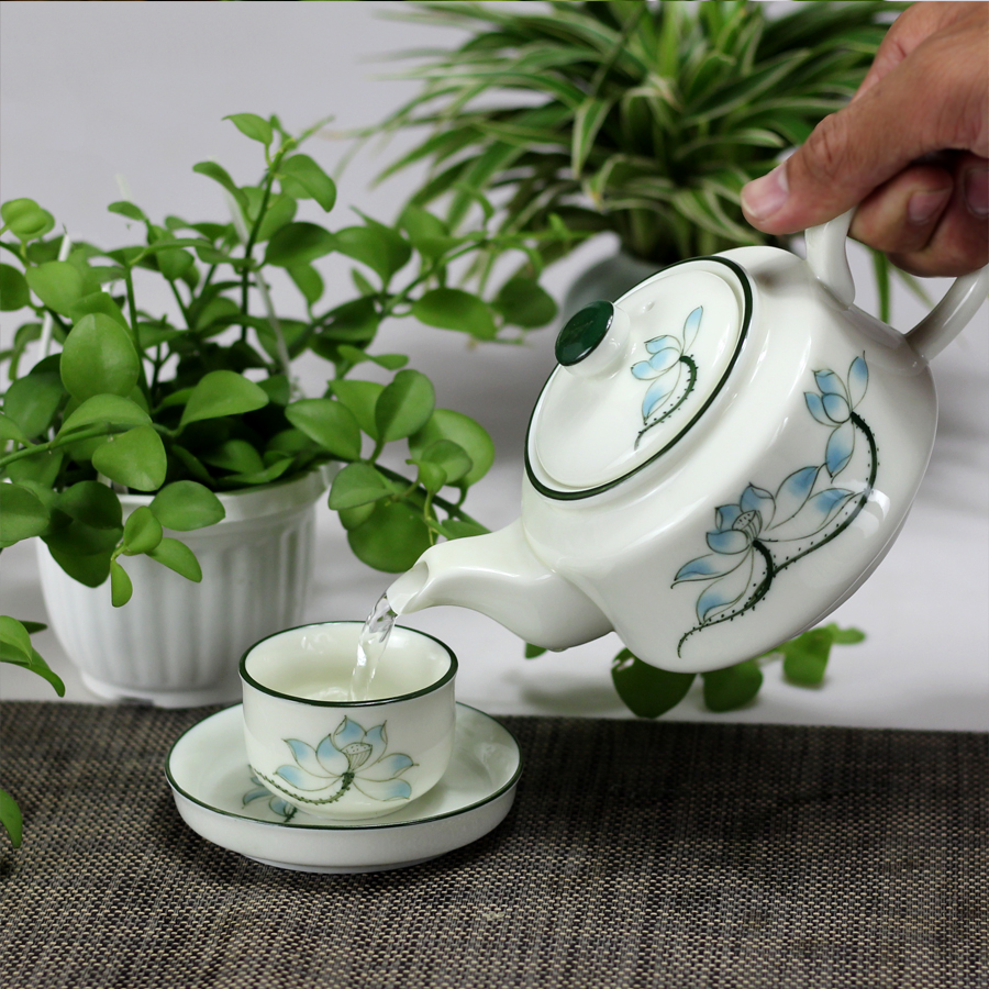 Bộ ấm chén men kem hoa sen xanh gốm sứ Bát Tràng (bộ bình uống trà, bình trà)