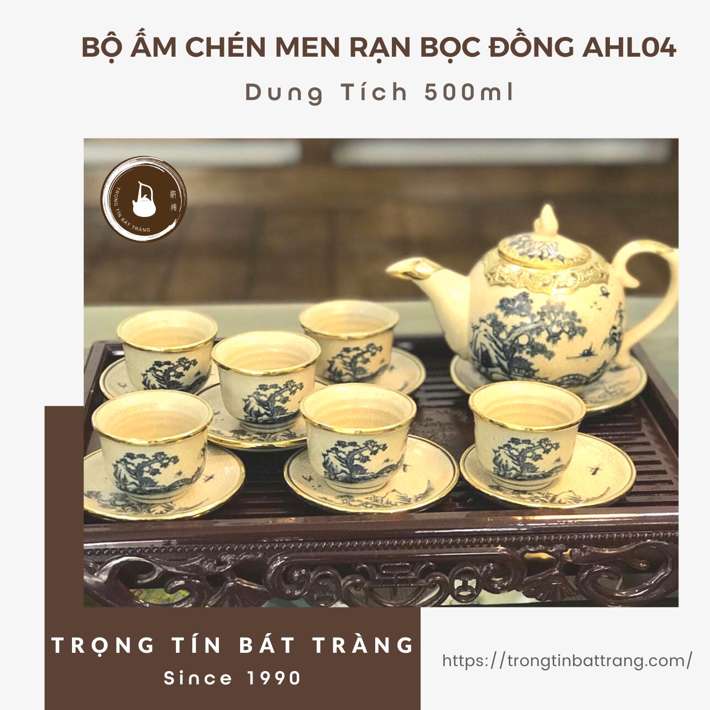 Bộ Ấm Chén Men Rạn Bát Tràng Bọc Đồng Họa Tiết Cây Tùng Đình Cổ Dáng Tiêu Anh Dung Tích 500ml AHL 04