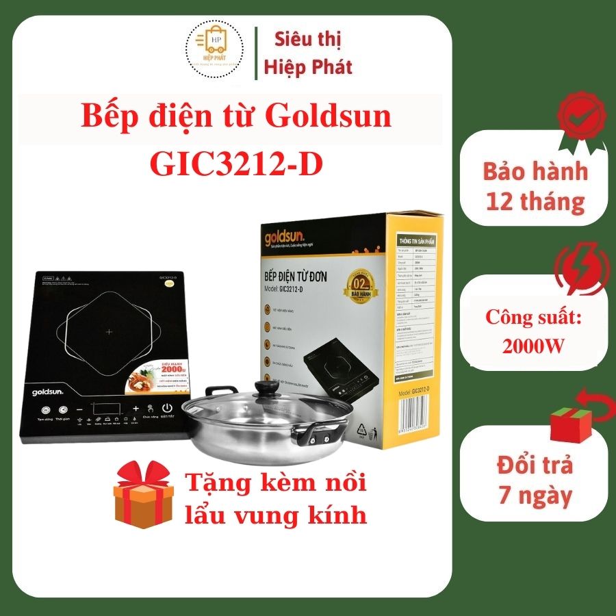 Bếp điện từ đơn cảm ứng Goldsun GIC3212-D kèm nồi lẩu, công suất 2000W, 7 chức năng nấu - Hàng chính hãng