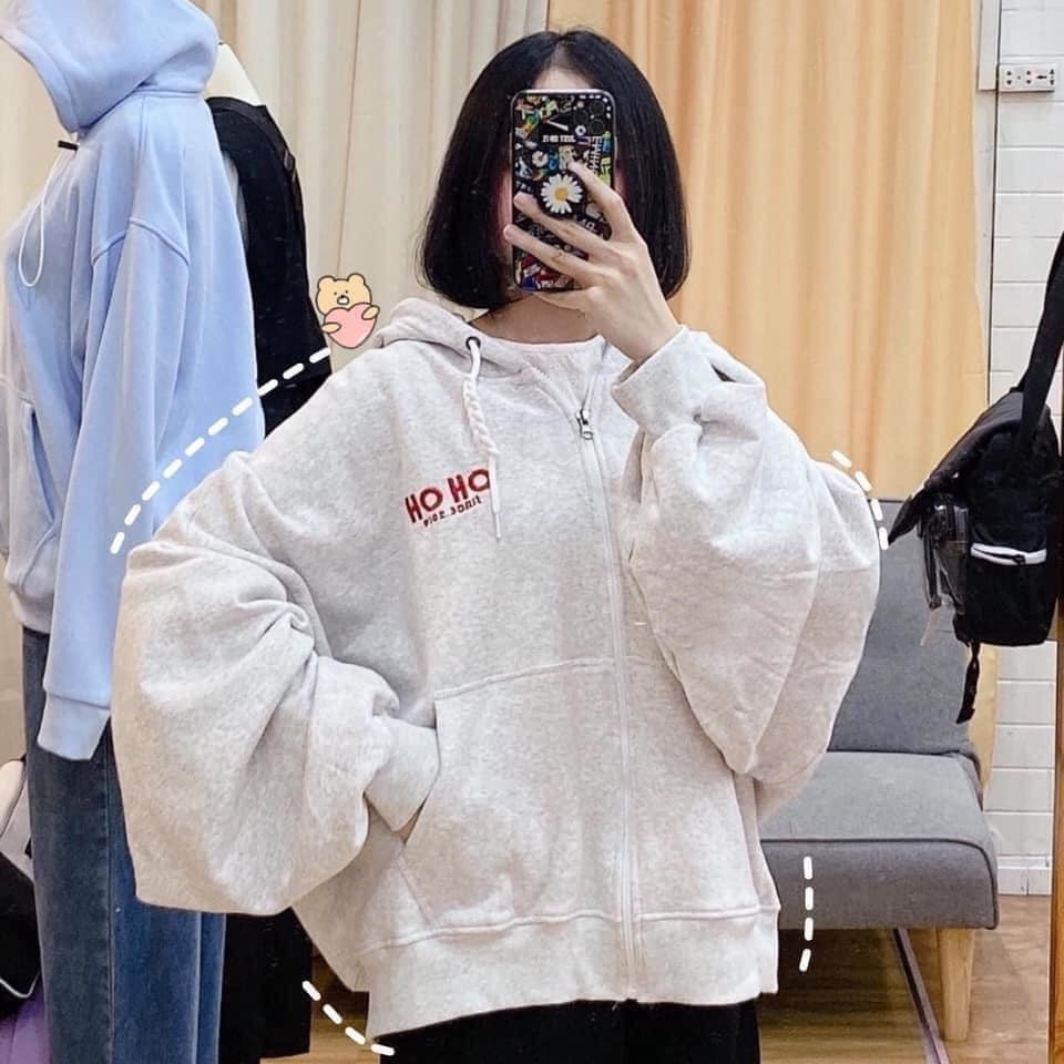 Áo khoác nỉ có mũ - ÁO HOODIE KHÓA KÉO freesize form rộng nam nữ unisex mặc cặp - couple in chữ HO HO MÀU XÁM