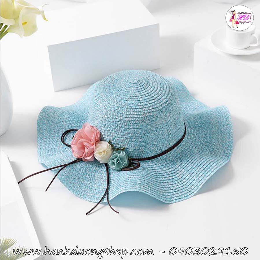Nón cói bãi biển vành gợn sóng nơ 3 hoa HQC4114