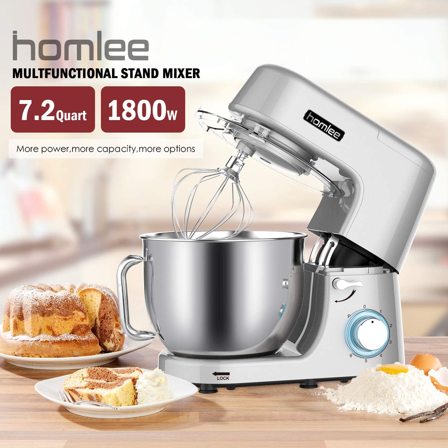 Máy nhào bột Homlee SM-1508 dung tích 7.2L công suất 1800W - Hàng chính hãng UK - Quết chả giò, trà bông, đánh kem, đánh trứng  chạy êm ái