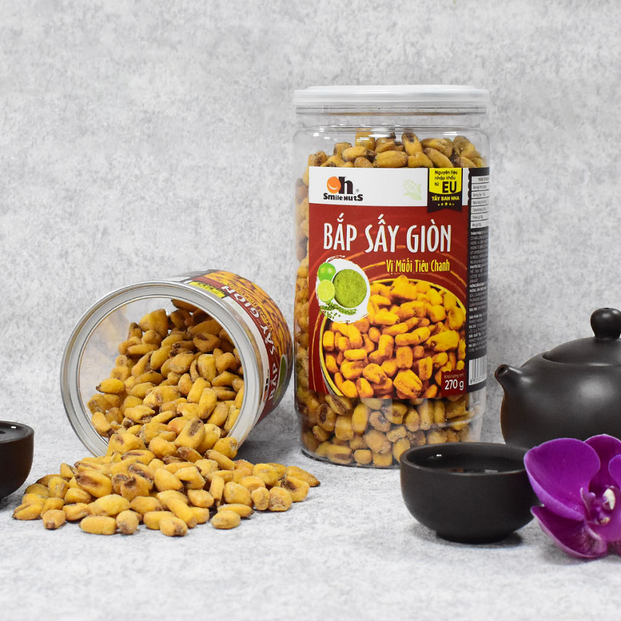 Bắp Sấy Giòn Smilenuts vị MUỐI TIÊU CHANH hộp 270g _ Nhập khẩu từ Tây Ban Nha _ Bắp sấy giòn rụm, thơm ngon, tẩm vị vừa ăn _ phù hợp ăn vặt, snack bắp rang/sấy giòn hảo hạng
