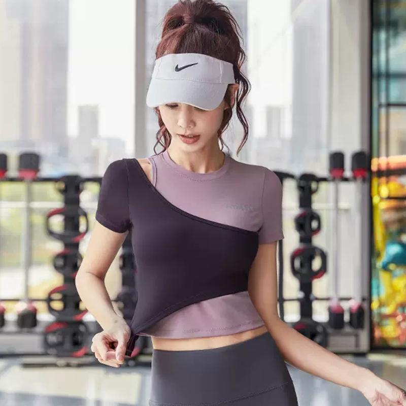 F.DYRAA Áo tập gym cho nữ Áo sơ mi tập thể dục Yoga Áo sơ mi ngắn tay ôm vừa vặn Áo crop top Chắp vá màu Áo xẻ bên trang phục thể thao Color: Black Size: XXL