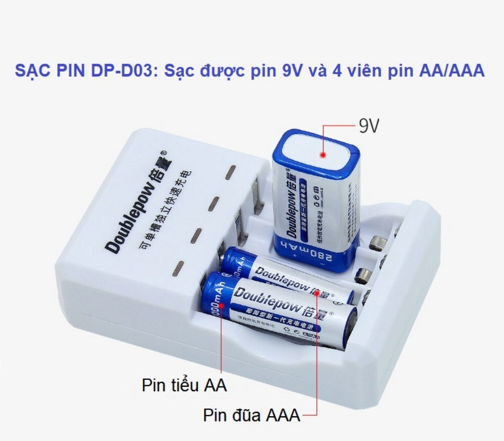 Combo Bộ Sạc Pin đa năng DP-D03 (sạc pin 9V, pin tiểu AA, pin đũa AAA ) Tặng 2 pin 9V Doublepow