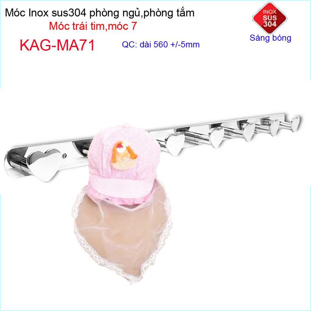 Móc treo quần áo inox 304 cao cấp dày, móc tim Kace 7 móc treo đồ nhà tắm KAG-MA71