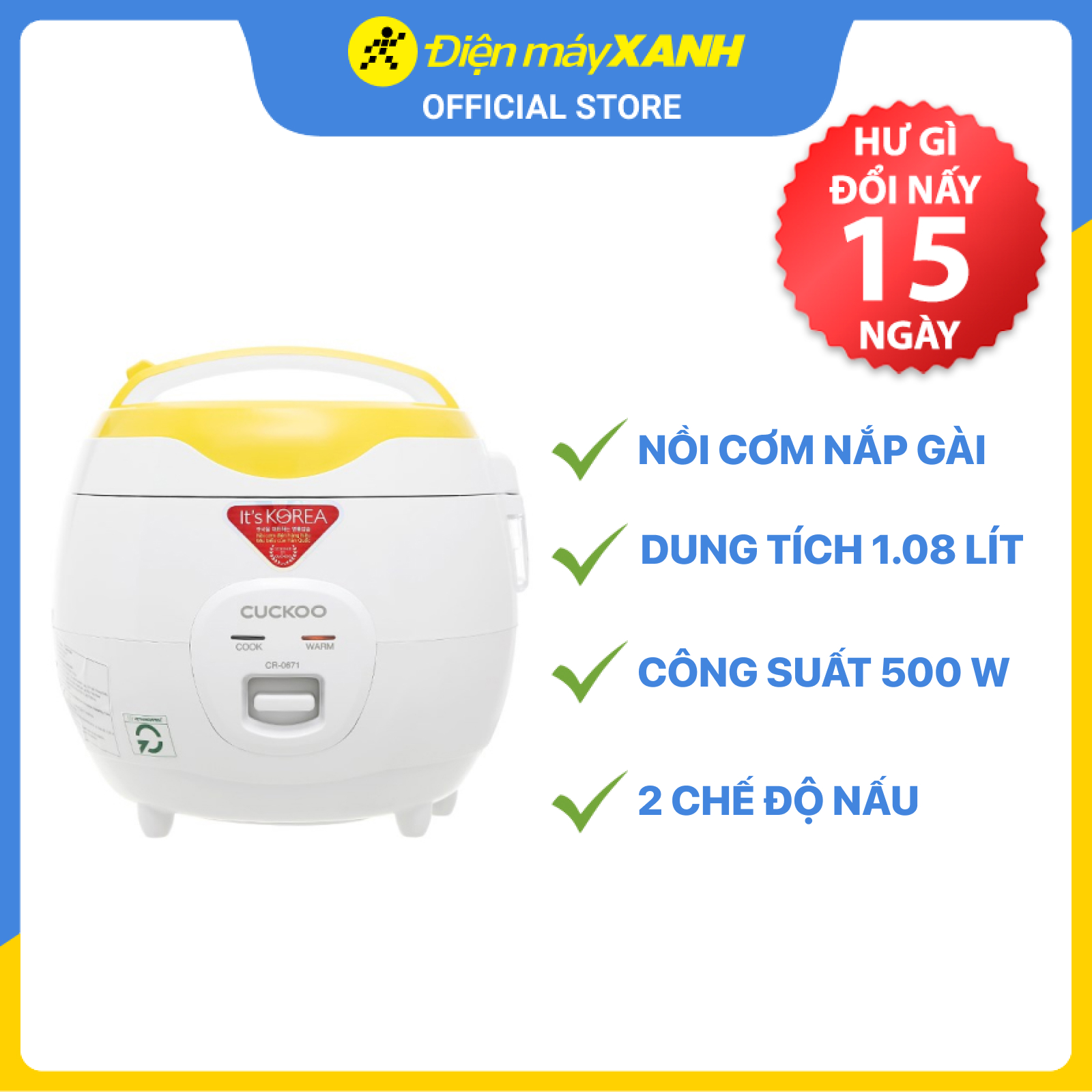 Nồi cơm điện Cuckoo 1.08L CR-0671 - Lòng nồi chống dính - Tiết kiệm điện - Hàng chính hãng Cuckoo Vina