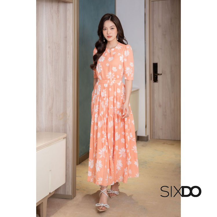 Đầm voan hoa tay lửng cổ tròn dáng xòe thời trang SIXDO