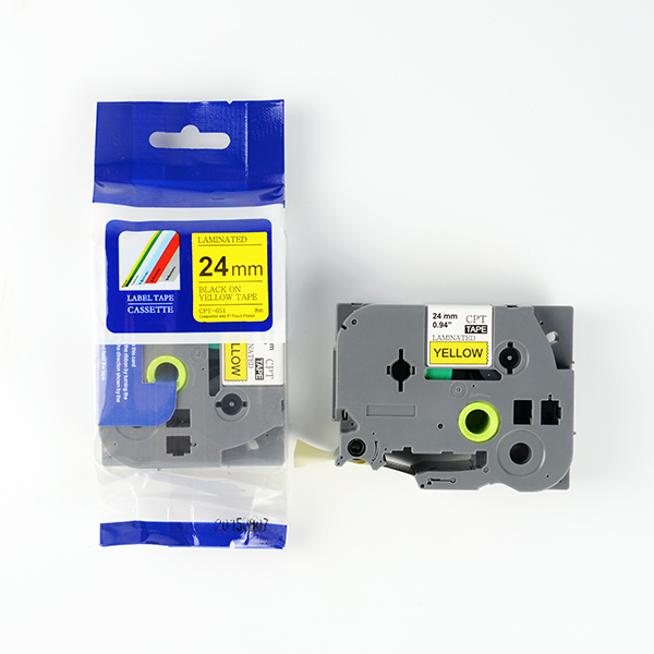 Tape nhãn in tương thích CPT-651 dùng cho máy in nhãn Brother P-Touch (chữ đen nền vàng, 24mm)