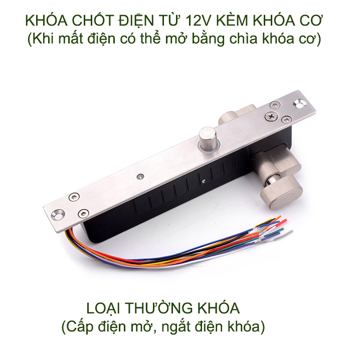 Chốt cửa điện từ thường khóa 12VDC có độ trễ 0-3-6-9 giây, loại 5 dây có kèm cả khóa cơ (mất điện mở bằng chìa khóa cơ)