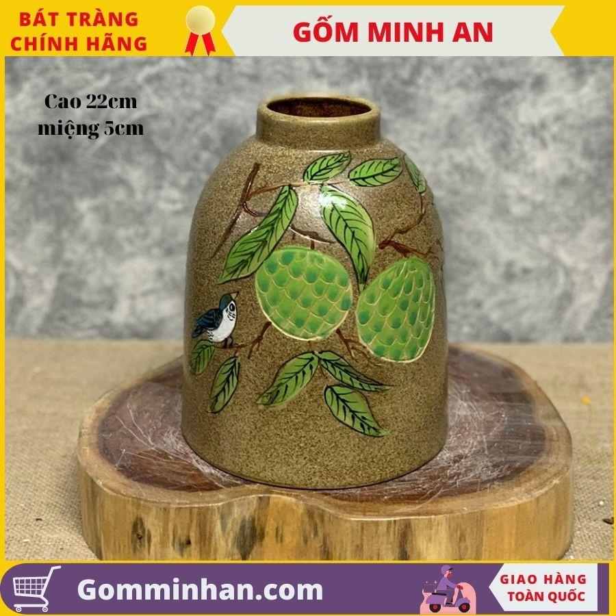 Bình Hoa Lọ Hoa Men Mộc Dáng Chuông Nhỏ H22 Vẽ Hoa Văn Thủ Công- Gốm Sứ Bát Tràng- Gốm Minh An