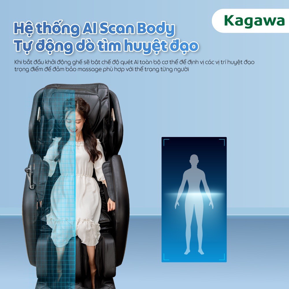 Ghế massage toàn thân Kagawa K6 Pro con lăn 4D, đa chức năng, tự động xoa bóp từ cổ, vai, gáy đến chân