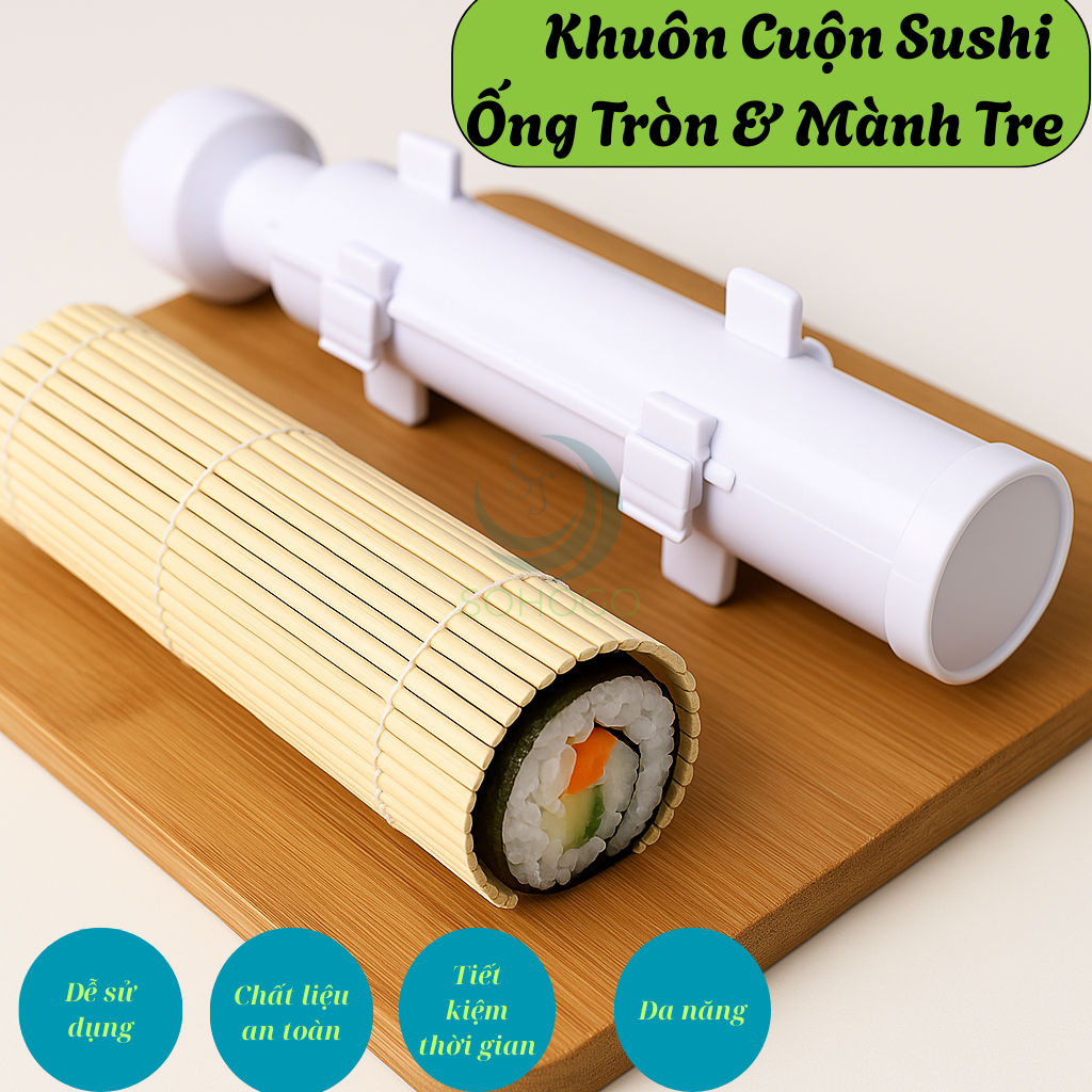 Combo Khuôn Cuộn Sushi Ống Tròn & Mành Tre Truyền Thống Bộ Dụng Cụ Làm Sushi Chuyên Nghiệp - Ống Cuộn & Mành Cuộn Ống Cuốn Sushi Cầm Tay Kèm Mành Tre Nhật Bản