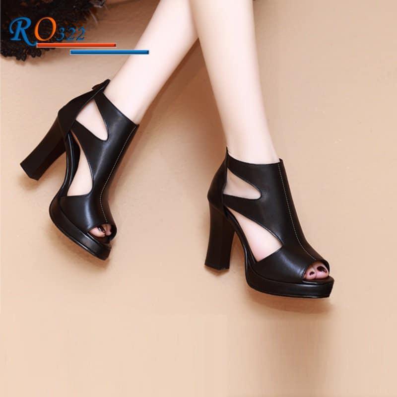 Sandal cao gót nữ khóa kéo, da lì cao cấp ROSATA RO322 8p gót trụ - đen - HÀNG VIỆT NAM - BKSTORE