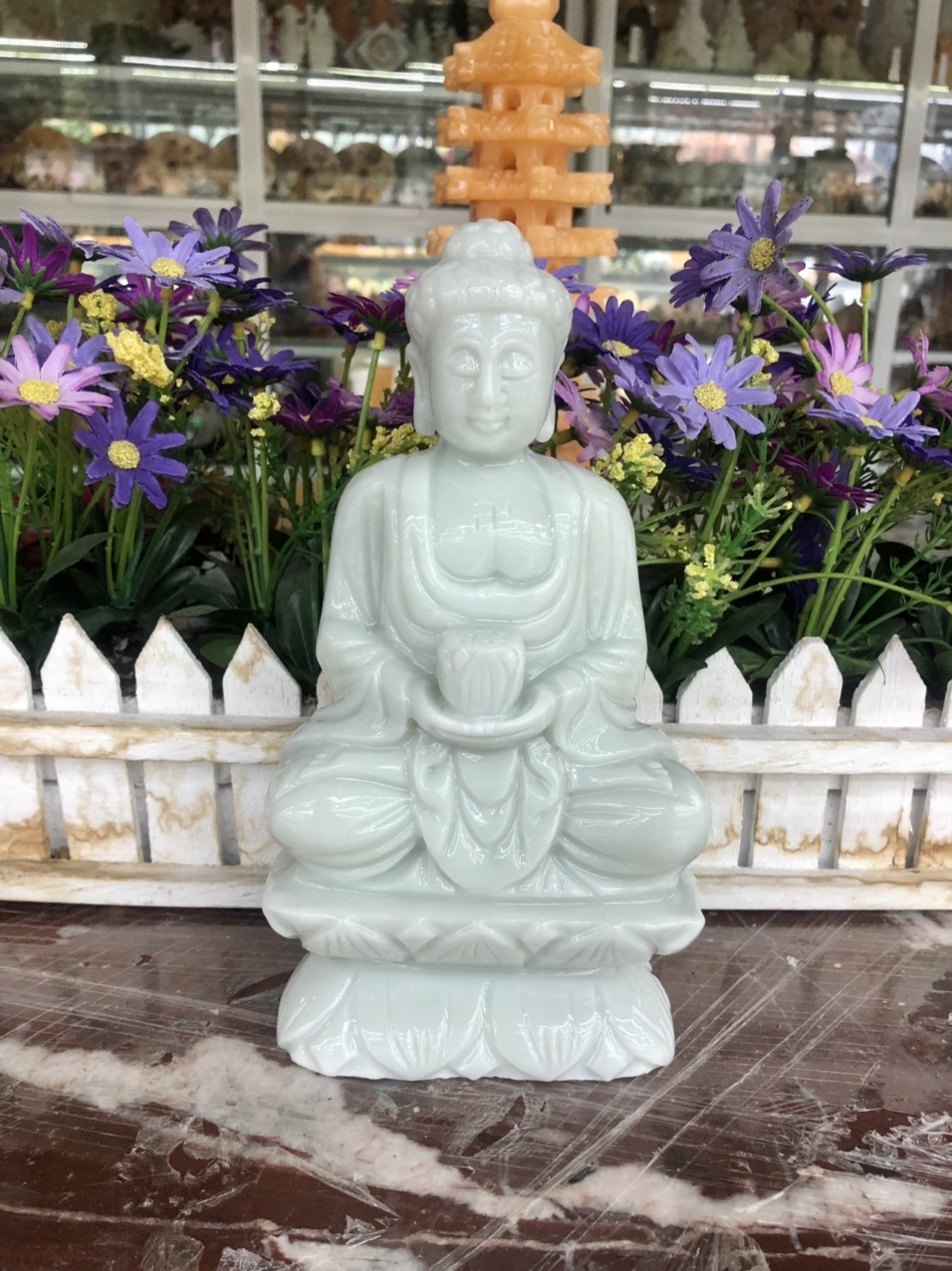 Tượng Phật A Di Đà ngồi đài sen đá cẩm thạch trắng xanh trang trí bàn làm việc - Cao 20 cm