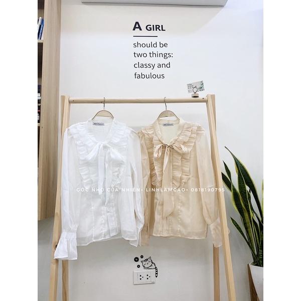 Áo Sơ Mi Nữ Voan Tơ Cổ Viền Bèo Phối Nơ Xinh