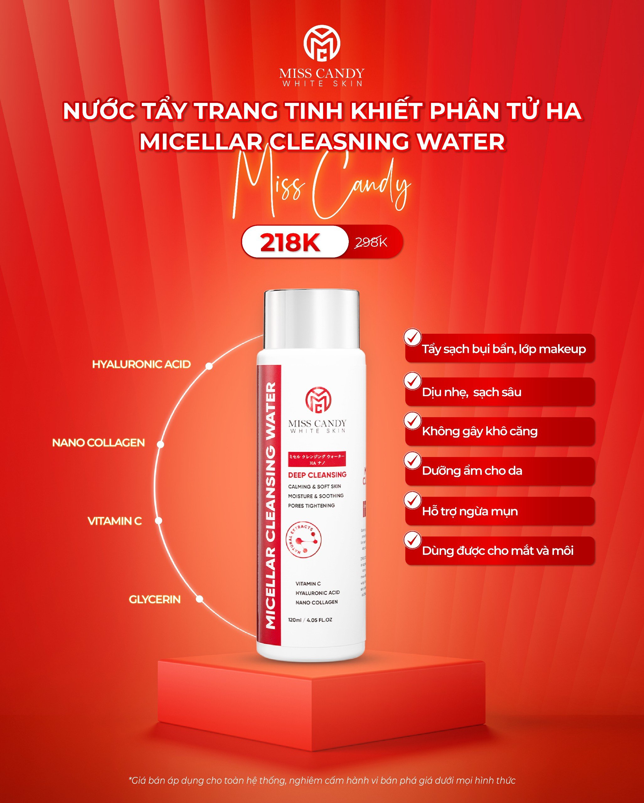 Combo 2 Sản Phẩm Giúp Làm Sạch Sâu Da Dịu Nhẹ Gồm: Nước Tẩy Trang Phân Tử HA Nano 120ml + Gel Rửa Mặt Dịu Nhẹ AHA 120ml MISS CANDY - PHỤNG BEAUTY