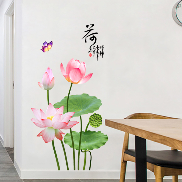 Decal trang trí tường - Hoa Sen cây dài 3D lá lớn tao nhã