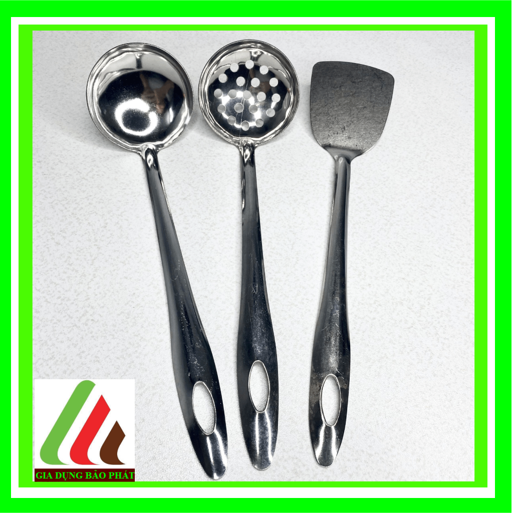 Set 3 vá đặc, lỗ, xẻng inox dài 28cm truyền thống sáng bóng dày dặn - dụng cụ nấu ăn